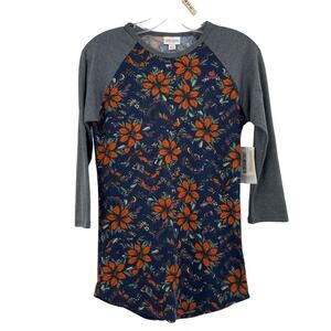 Lularoe Randy Womens Baseball Tee T Shirt Raglan Floral Blue Orange XXS NEW